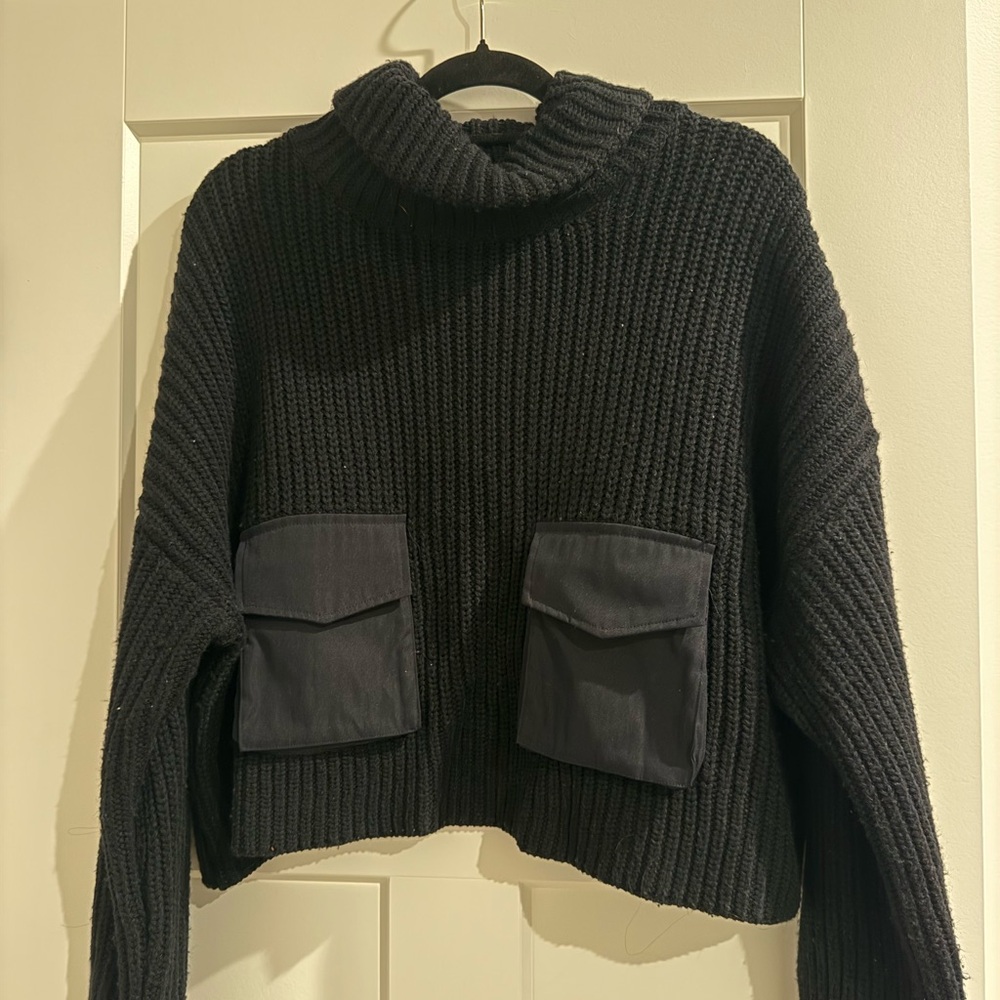 Zara Navy Chunky Turtleneck Sweater with Front Flap Pockets